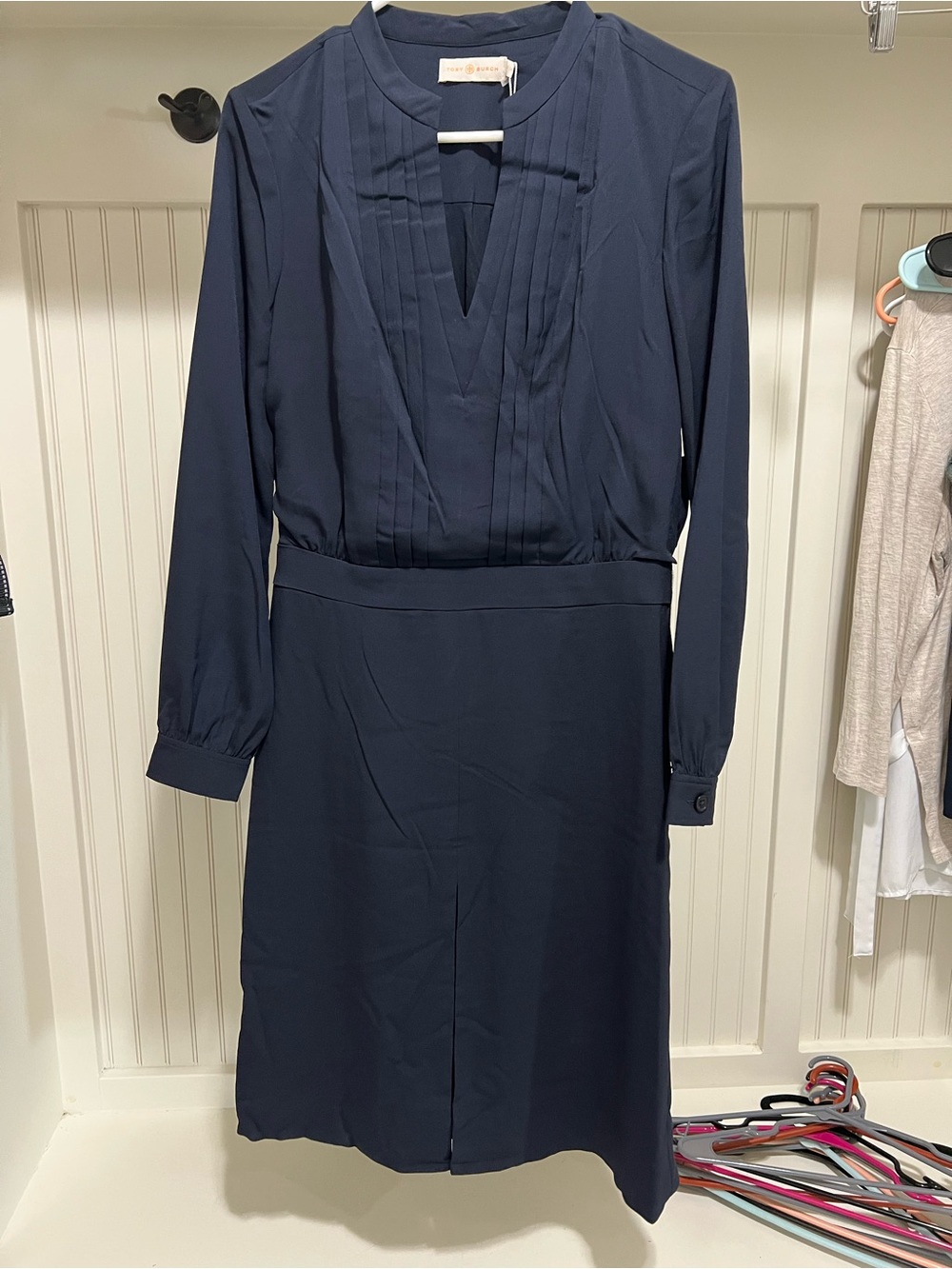 Tory Burch Navy Long-Sleeve Pleated V-Neck Dress
